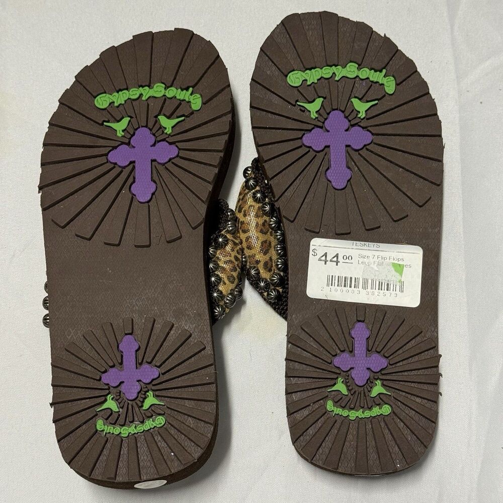 Gypsy Soule Leopard Rhinestone Flip Flop Sandals Women’s Size 7 Boho Bling NWOT - Picture 6 of 15